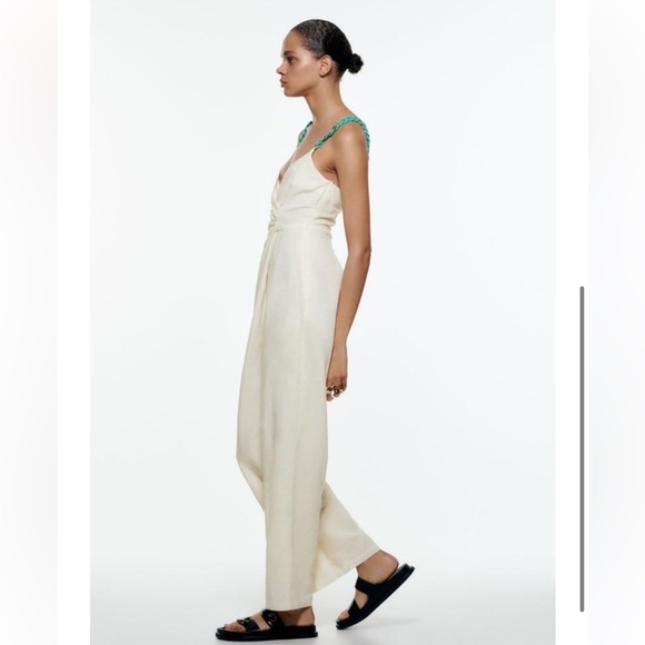 NWT Zara Linen Blend Jumpsuit with Chain Straps M Oyster White - Picture 4 of 15